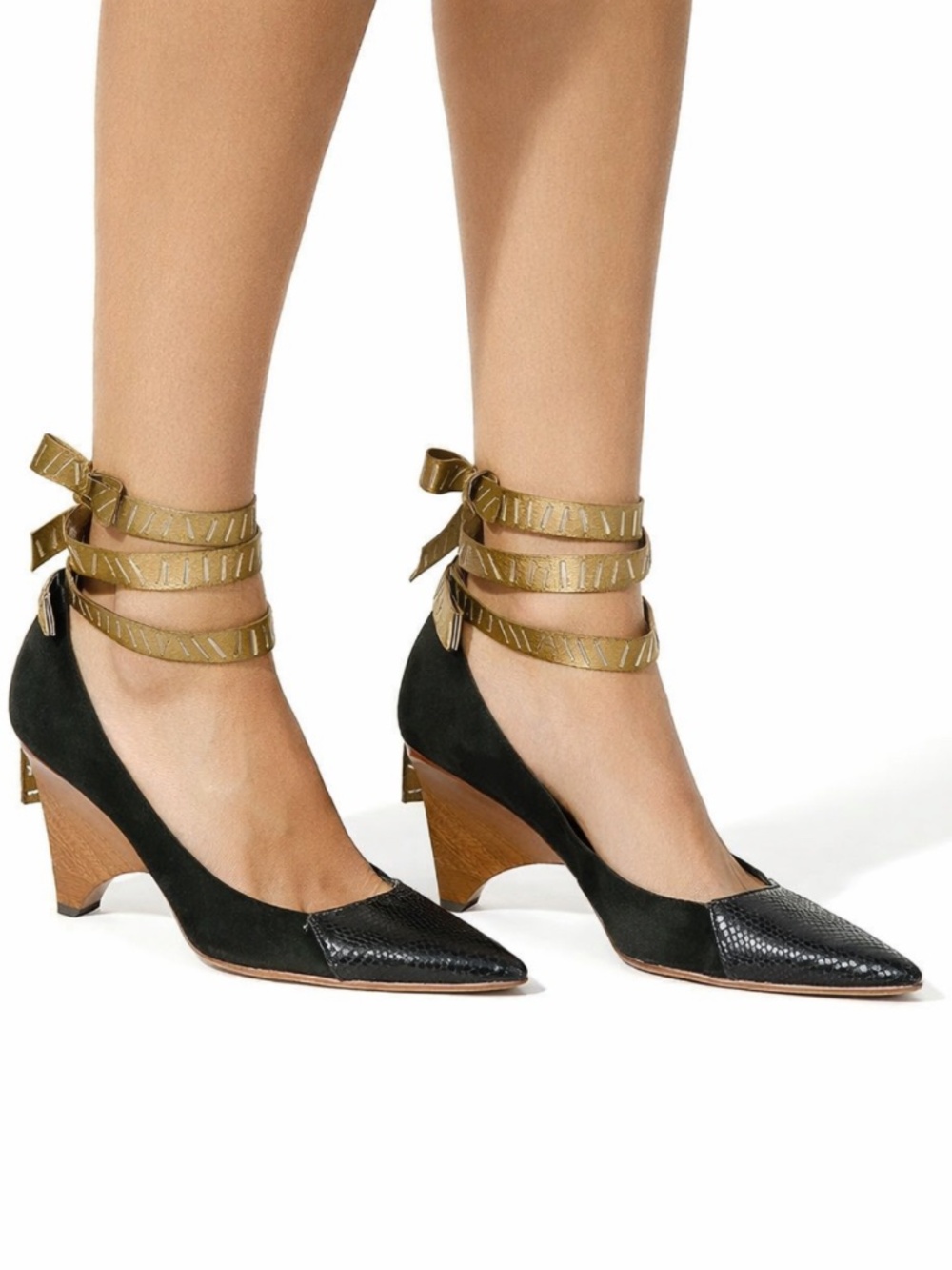 Finsk Pointed Toe Snakeskin Suede Wooden Ankle Tie Heels